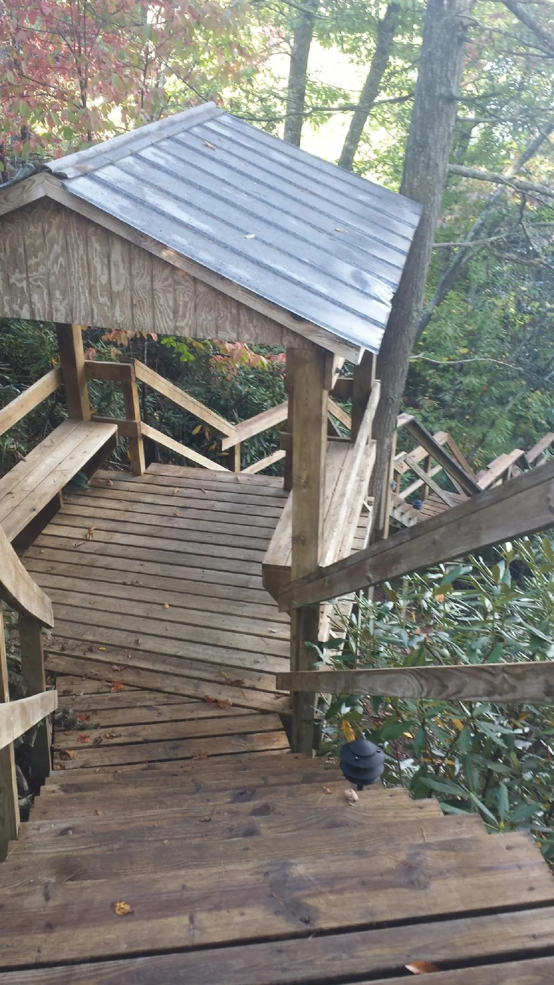 Metal roofed shelter over wooden steps on a wooded walkway — Skylight Repair & Installation work by our crew in Martin City